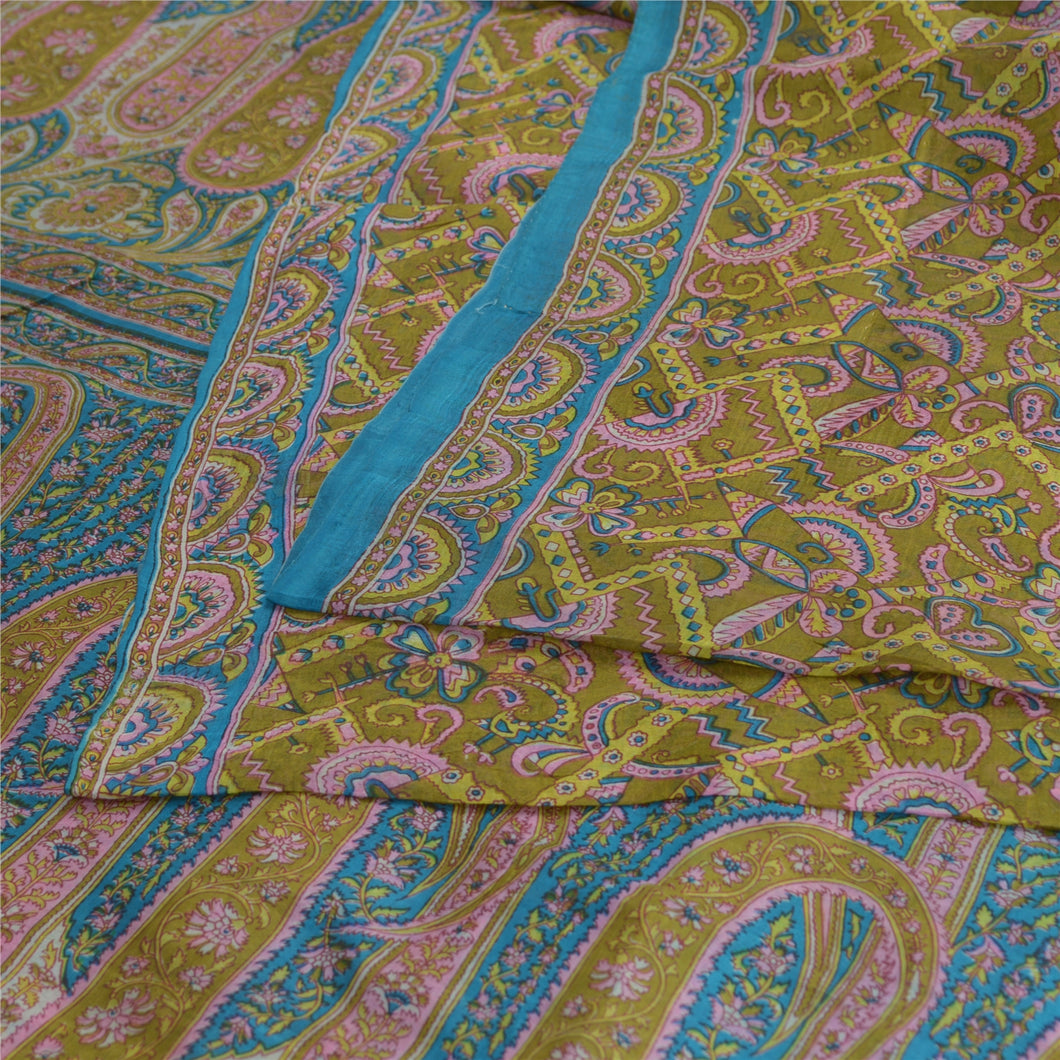 Sanskriti Vintage Green Printed Indian Sarees 100% Pure Silk Sari Craft Fabric