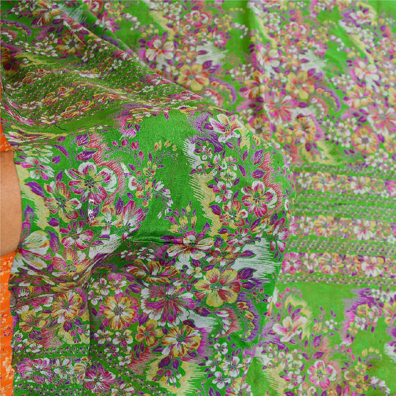 Sanskriti Vintage Orange Sarees 100% Pure Silk Printed Sari Soft Craft Sustainable Fabric