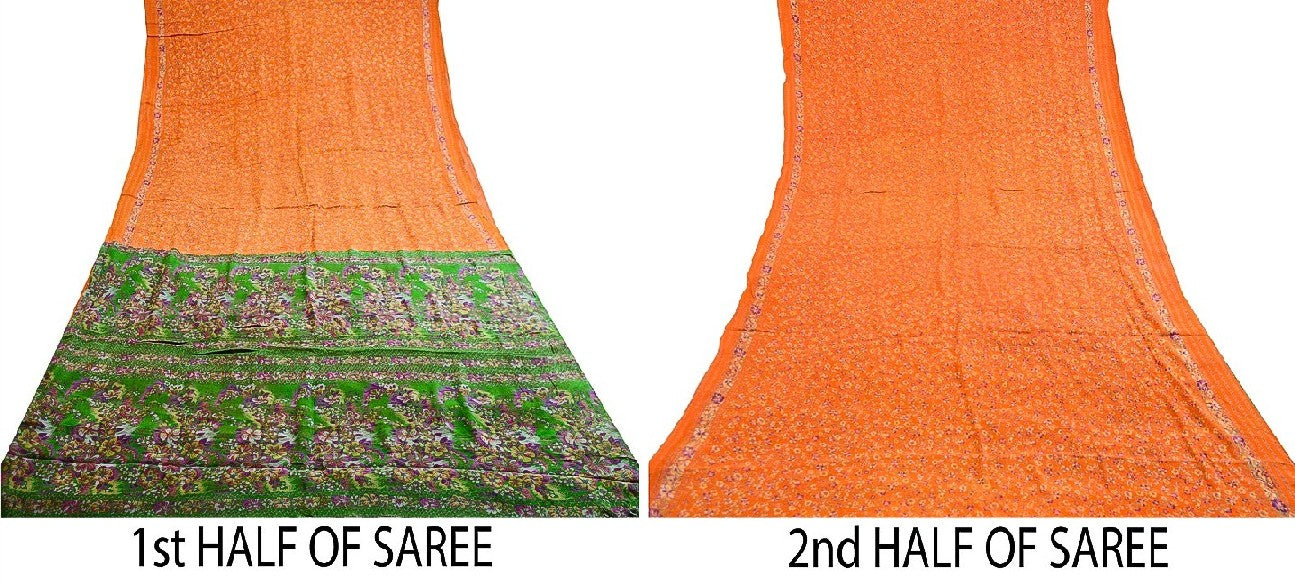 Sanskriti Vintage Orange Sarees 100% Pure Silk Printed Sari Soft Craft Sustainable Fabric