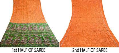 Sanskriti Vintage Orange Sarees 100% Pure Silk Printed Sari Soft Craft Sustainable Fabric
