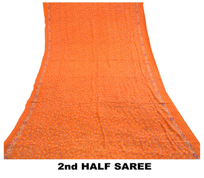 Sanskriti Vintage Orange Sarees 100% Pure Silk Printed Sari Soft Craft Sustainable Fabric