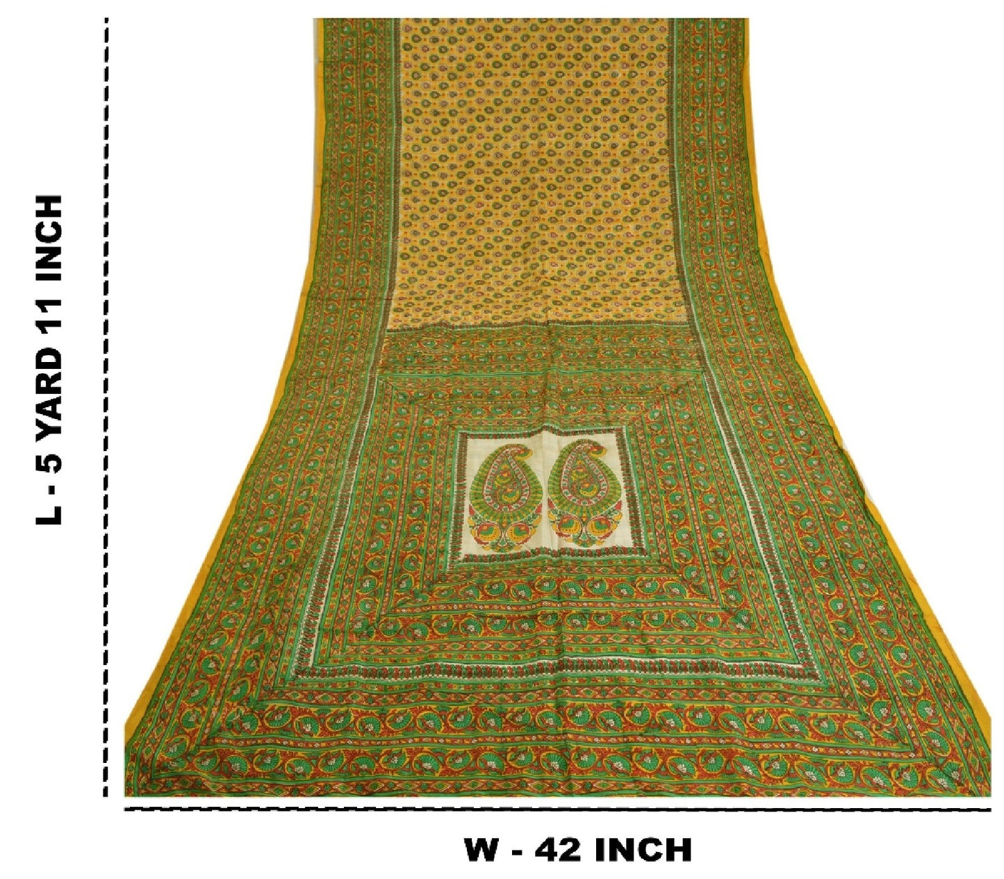 Sanskriti Vintage Sarees Yellow Indian Pure Silk Printed Sari 5yd Craft Sustainable Fabric