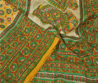 Sanskriti Vintage Sarees Yellow Indian Pure Silk Printed Sari 5yd Craft Sustainable Fabric
