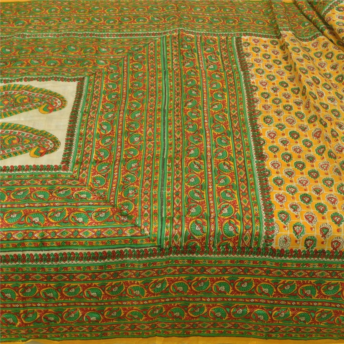 Sanskriti Vintage Sarees Yellow Indian Pure Silk Printed Sari 5yd Craft Sustainable Fabric