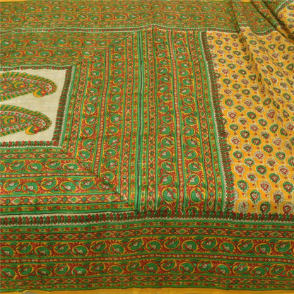 Sanskriti Vintage Sarees Yellow Indian Pure Silk Printed Sari 5yd Craft Sustainable Fabric
