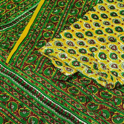 Sanskriti Vintage Sarees Yellow Indian Pure Silk Printed Sari 5yd Craft Sustainable Fabric