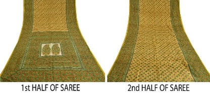 Sanskriti Vintage Sarees Yellow Indian Pure Silk Printed Sari 5yd Craft Sustainable Fabric
