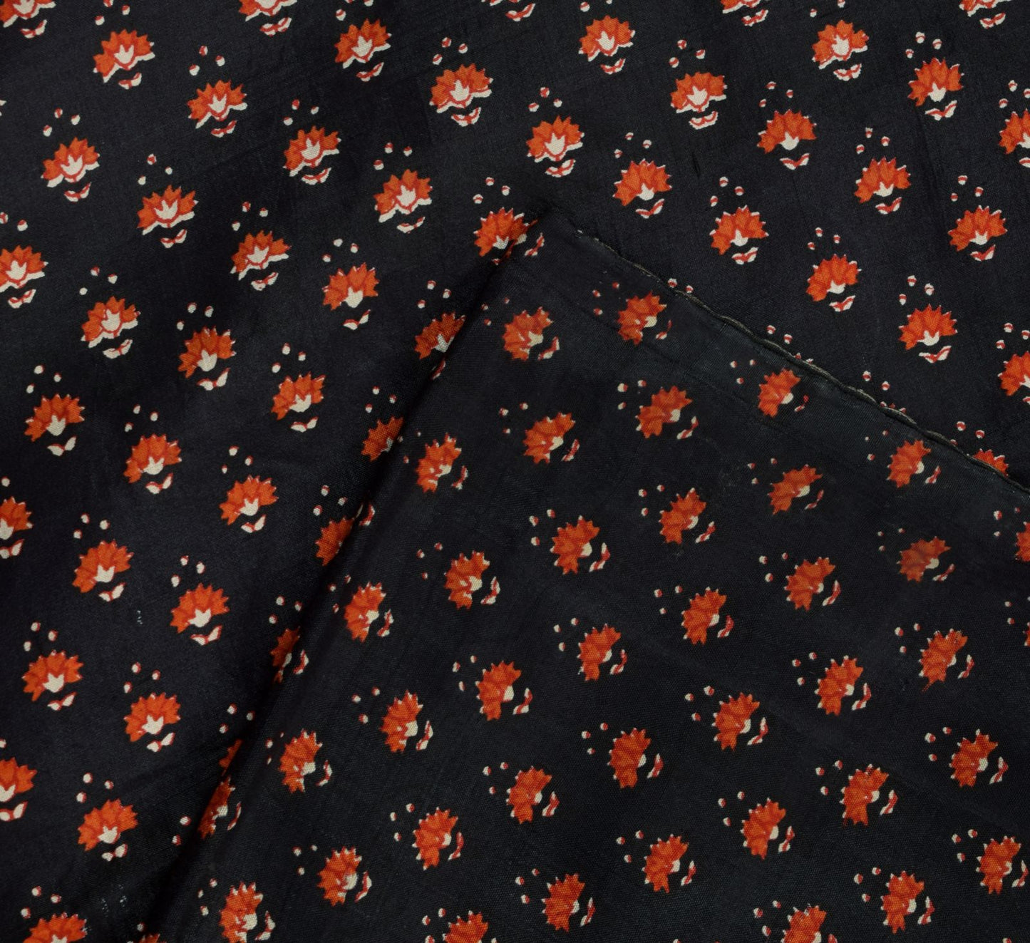 Sanskriti Vintage Saree Black Soft Pure Silk Floral Print Sari 5+Yd Craft Fabric