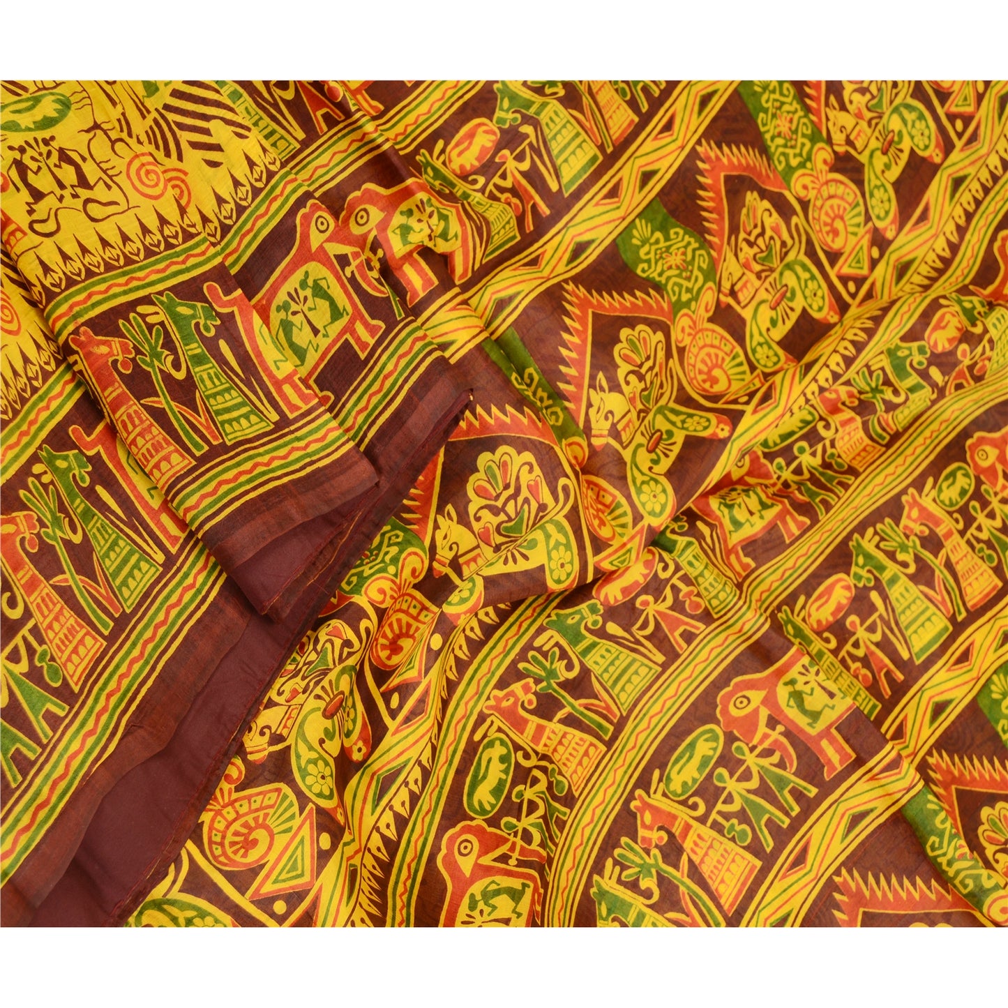 Sanskriti Vintage Sarees Yellow Animal Printed Pure Silk Sari 5+YD Craft Fabric