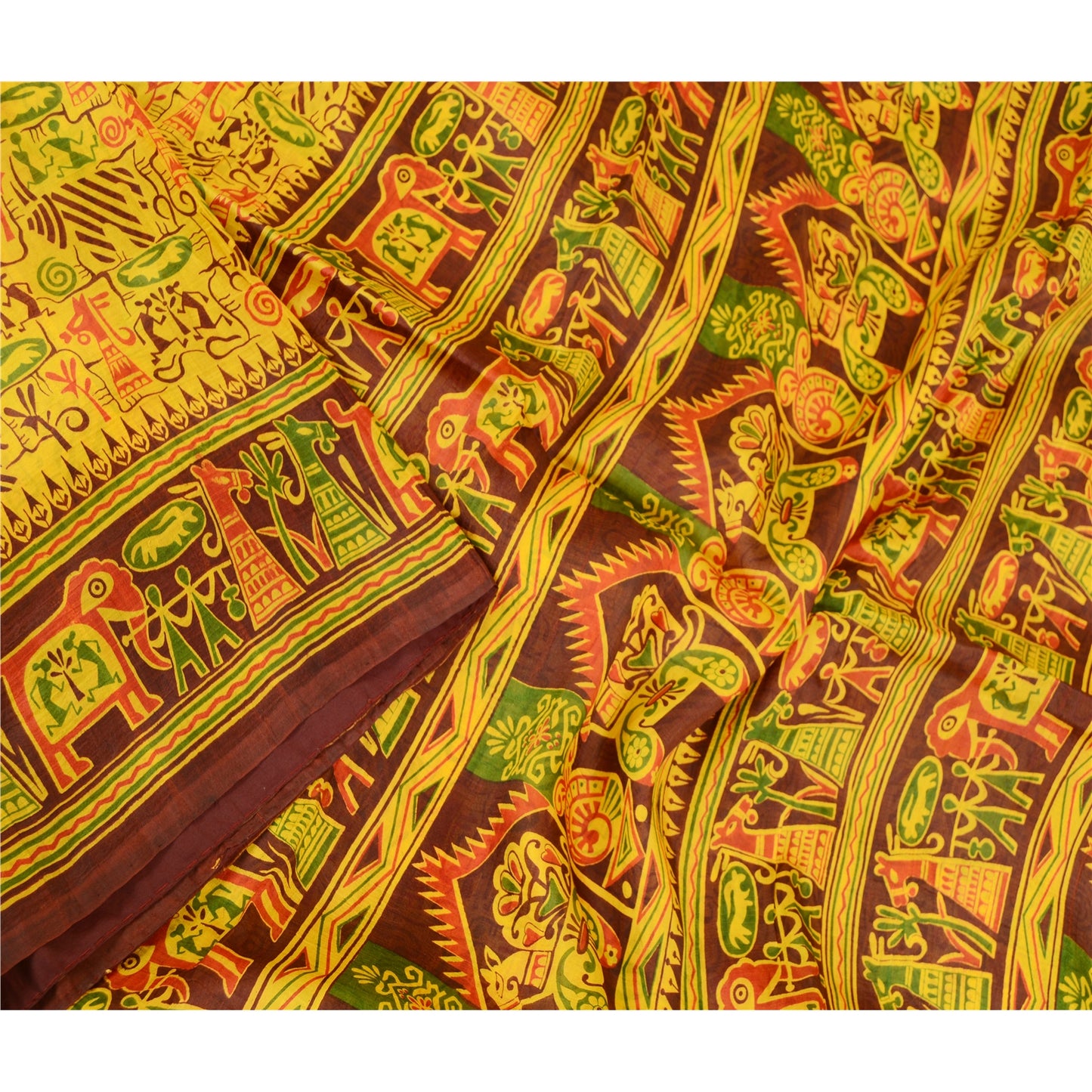 Sanskriti Vintage Sarees Yellow Animal Printed Pure Silk Sari 5+YD Craft Fabric