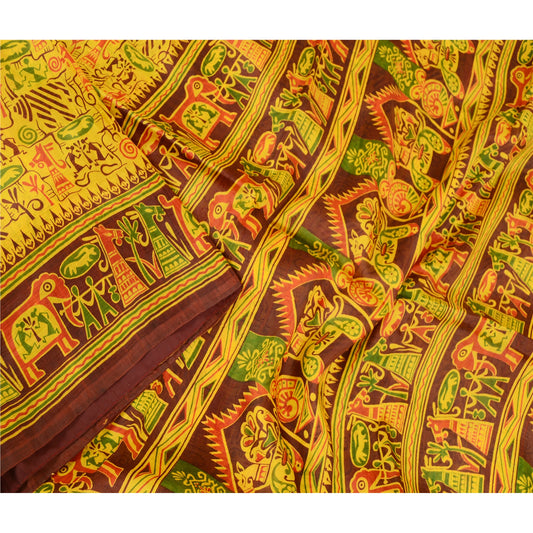 Sanskriti Vintage Sarees Yellow Animal Printed Pure Silk Sari 5+YD Craft Fabric