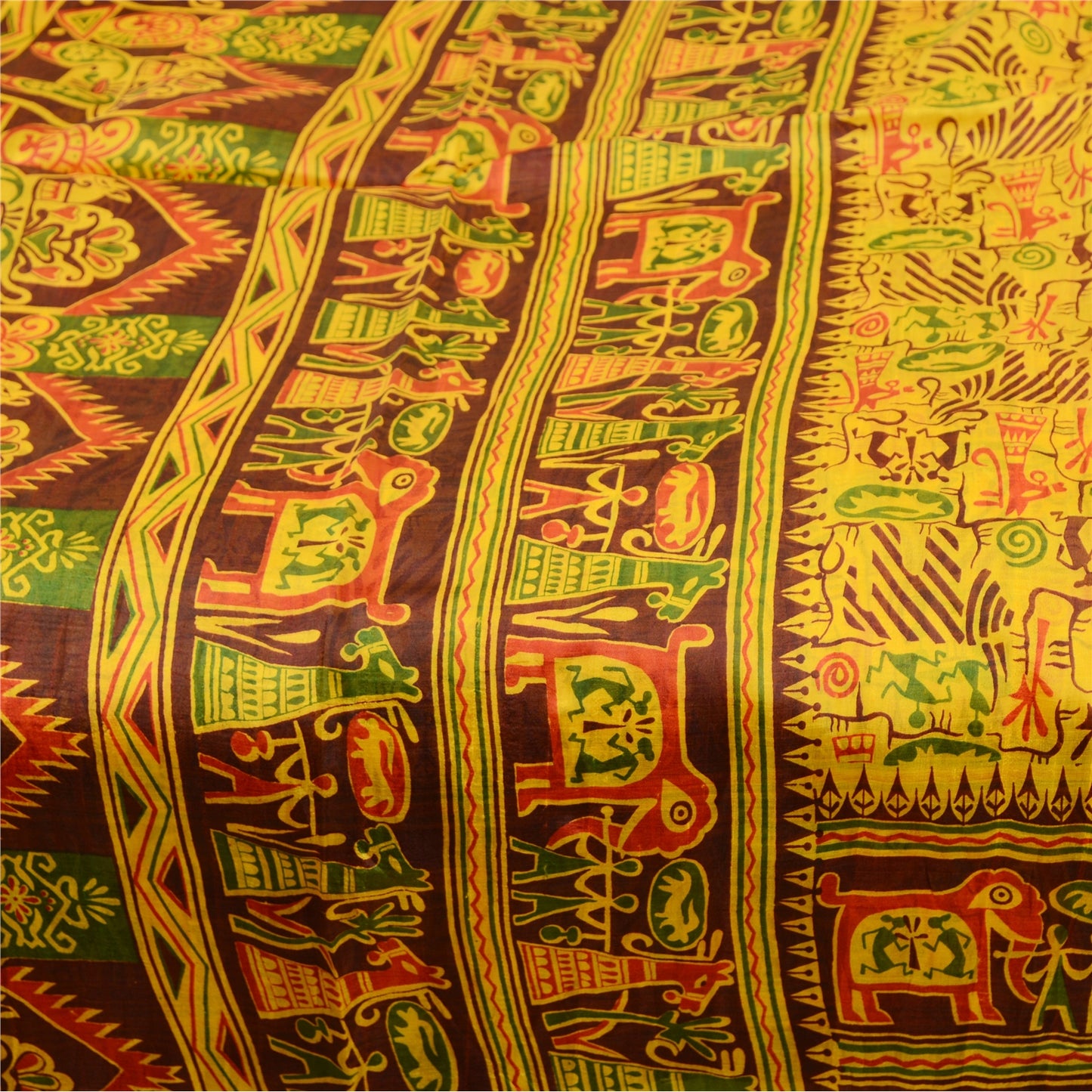Sanskriti Vintage Sarees Yellow Animal Printed Pure Silk Sari 5+YD Craft Fabric