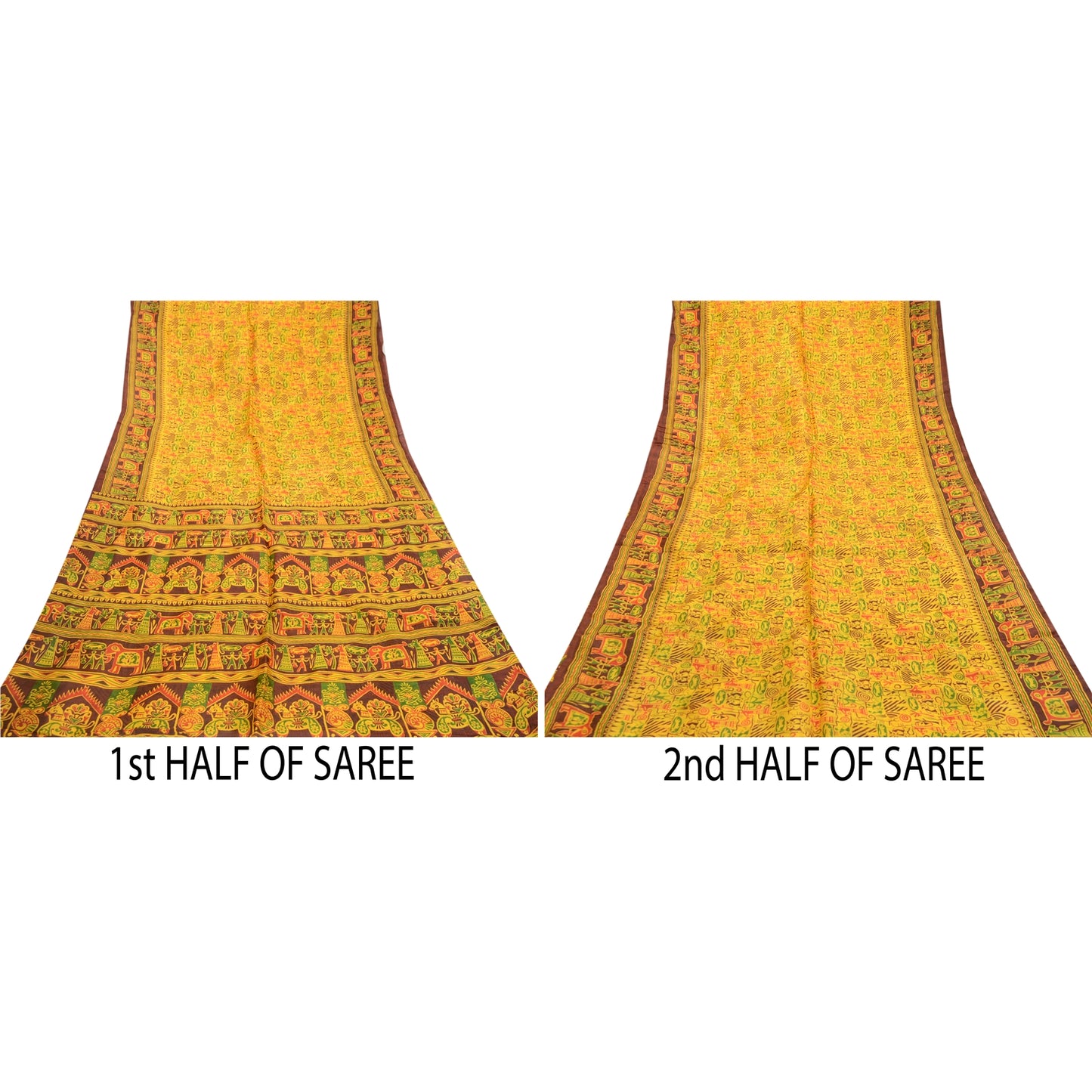 Sanskriti Vintage Sarees Yellow Animal Printed Pure Silk Sari 5+YD Craft Fabric