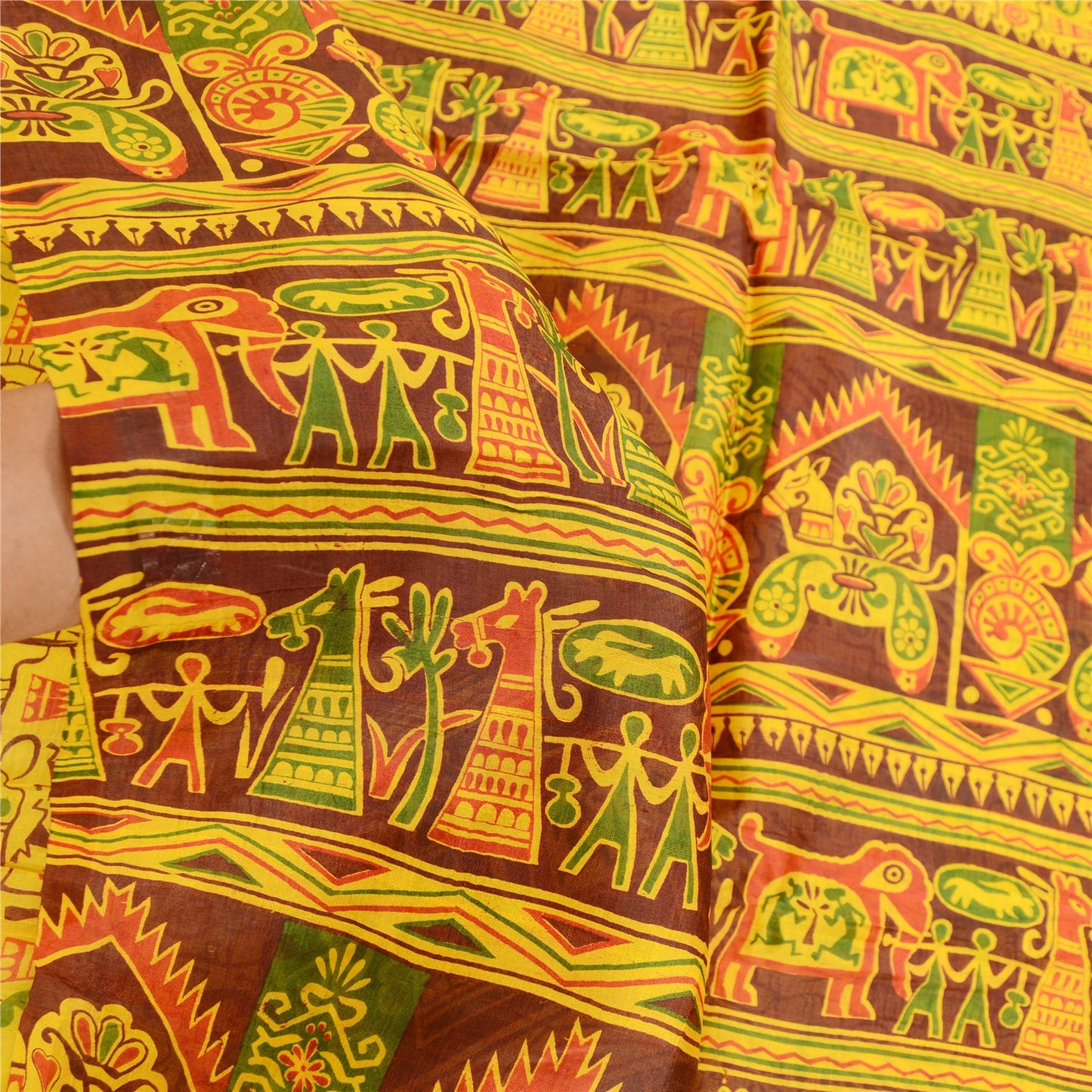 Sanskriti Vintage Sarees Yellow Animal Printed Pure Silk Sari 5+YD Craft Fabric