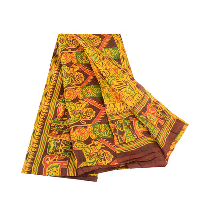 Sanskriti Vintage Sarees Yellow Animal Printed Pure Silk Sari 5+YD Craft Fabric