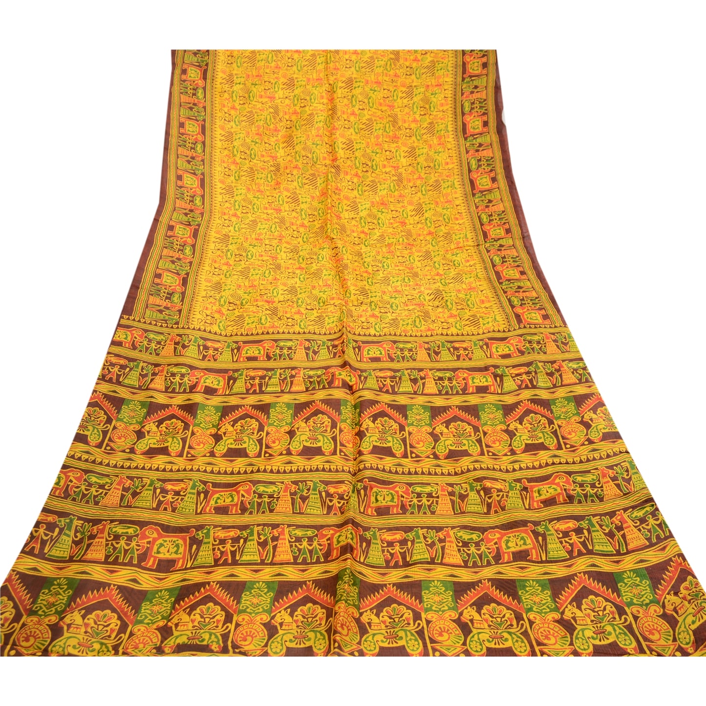 Sanskriti Vintage Sarees Yellow Animal Printed Pure Silk Sari 5+YD Craft Fabric