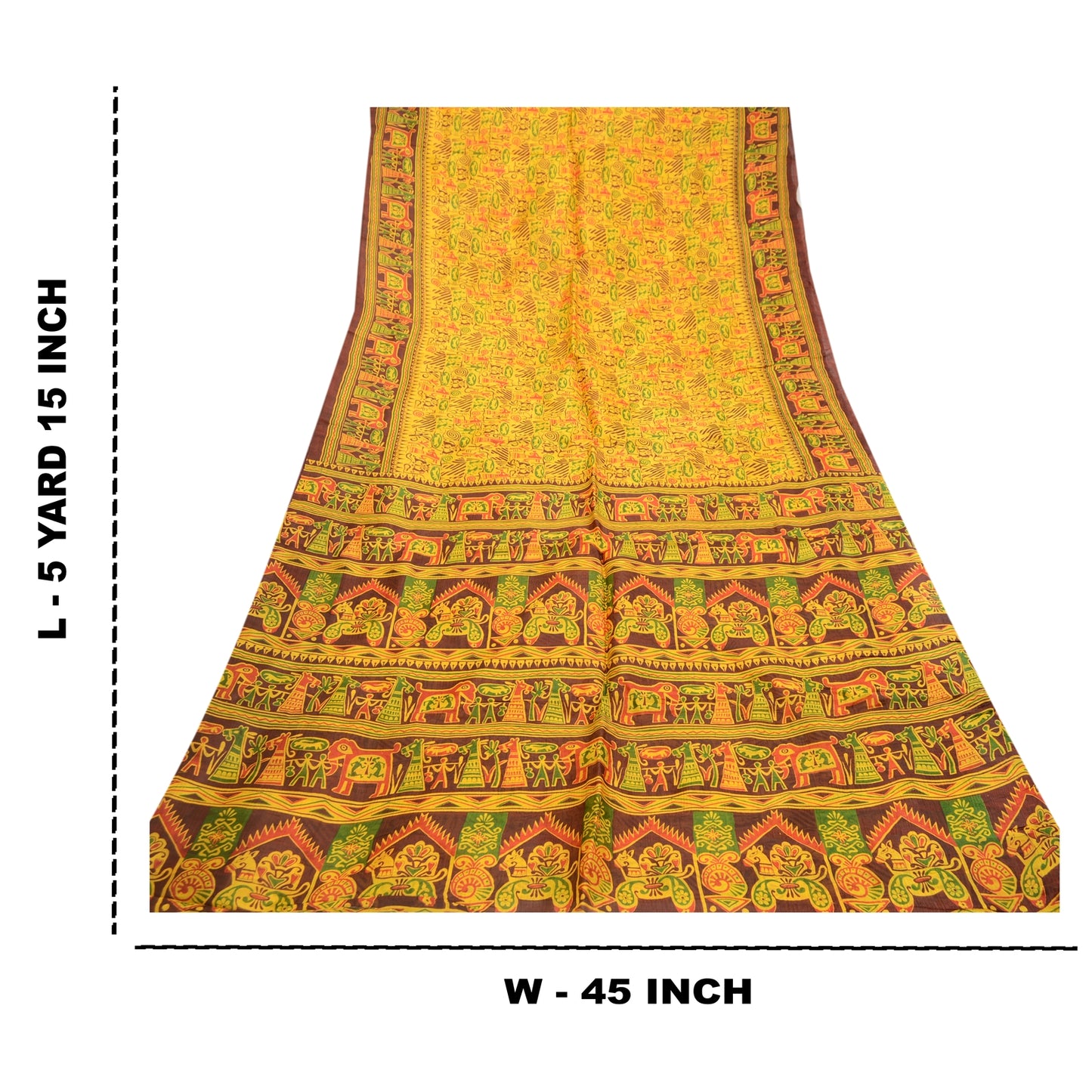 Sanskriti Vintage Sarees Yellow Animal Printed Pure Silk Sari 5+YD Craft Fabric