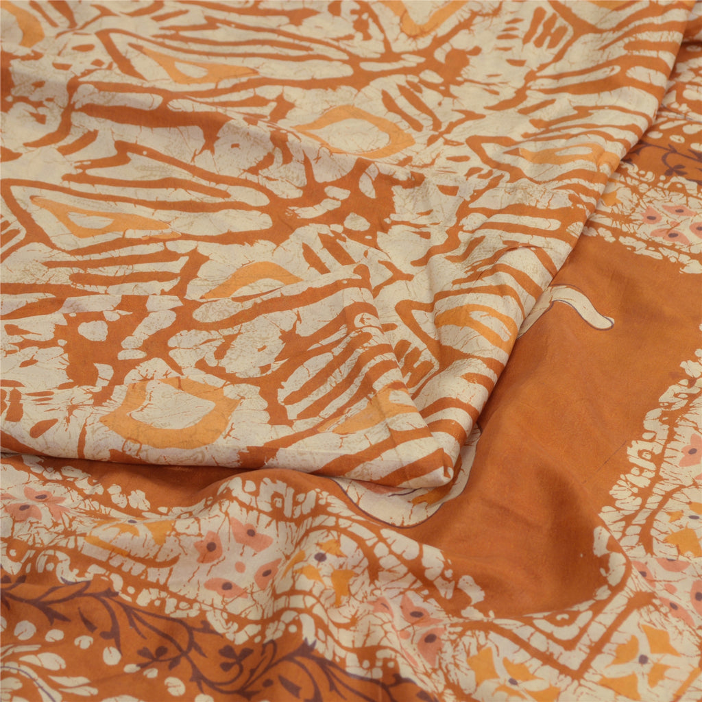 Sanskriti Vintage Sarier Batiktrykt Brun 100% Ren Silke Sari 6YDCraft Bæredygtigt Stof