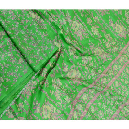 Sanskriti Vintage Sarees Green Pure Silk Printed Sari Floral Soft Craft Sustainable Fabric