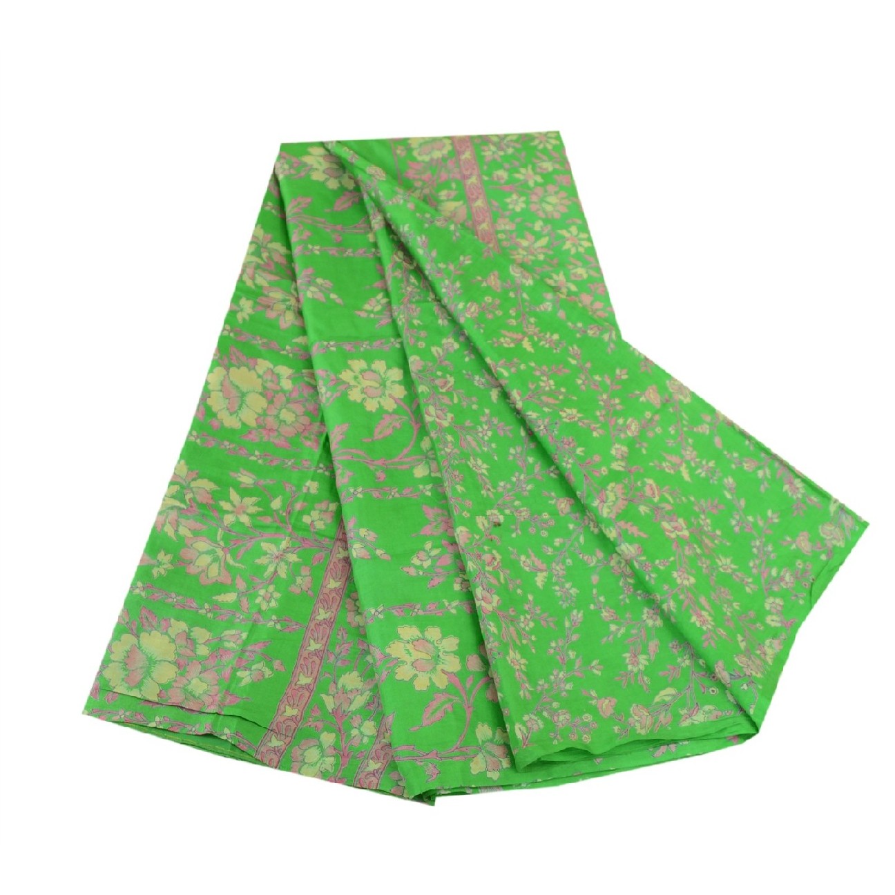 Sanskriti Vintage Sarees Green Pure Silk Printed Sari Floral Soft Craft Sustainable Fabric