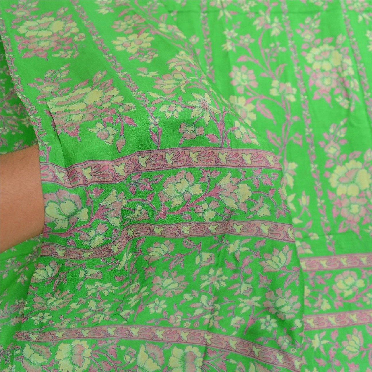 Sanskriti Vintage Sarees Green Pure Silk Printed Sari Floral Soft Craft Sustainable Fabric