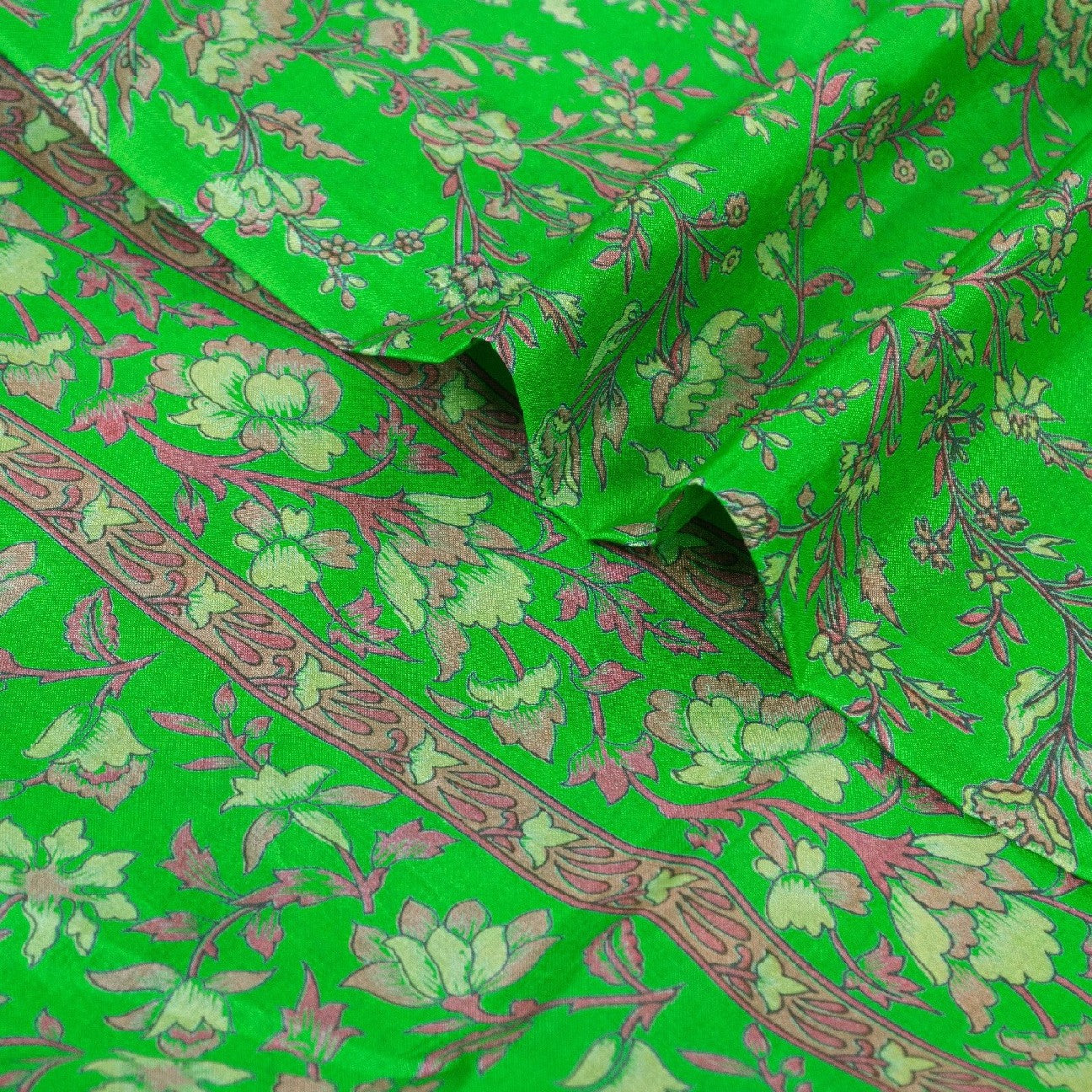 Sanskriti Vintage Sarees Green Pure Silk Printed Sari Floral Soft Craft Sustainable Fabric