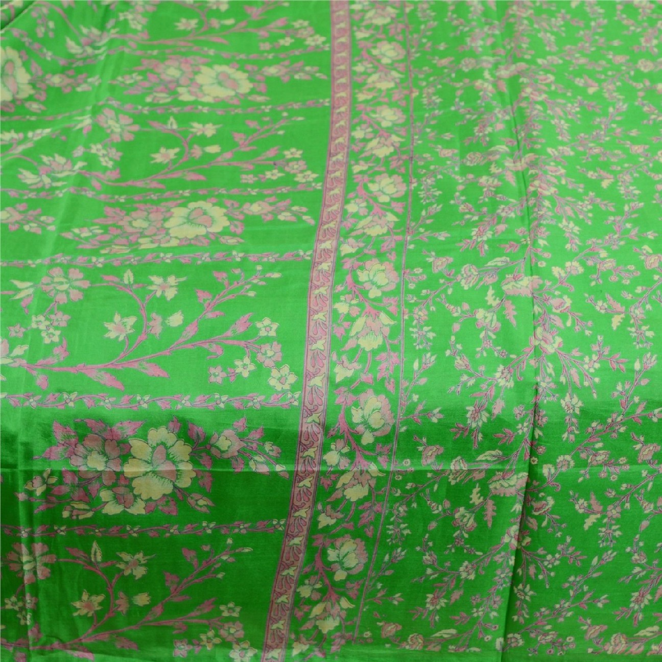 Sanskriti Vintage Sarees Green Pure Silk Printed Sari Floral Soft Craft Sustainable Fabric