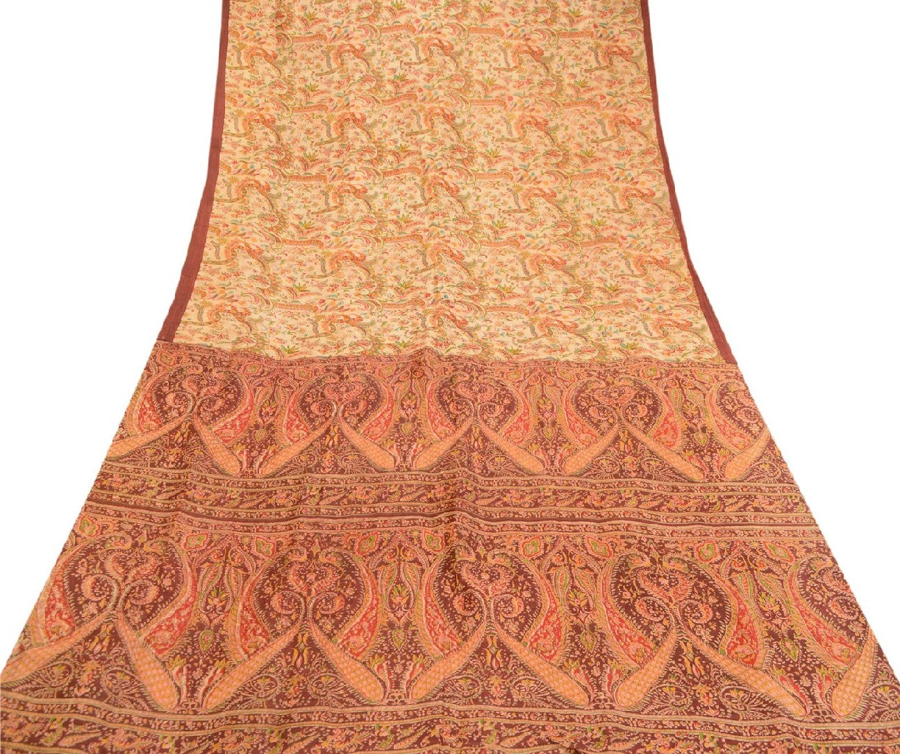 Sanskriti Vintage Sarees Cream 100% Pure Silk Printed Sari Soft 5yd Craft Sustainable Fabric