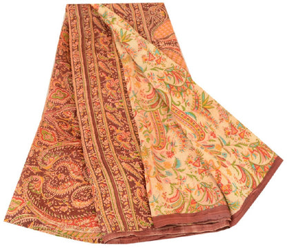 Sanskriti Vintage Sarees Cream 100% Pure Silk Printed Sari Soft 5yd Craft Sustainable Fabric