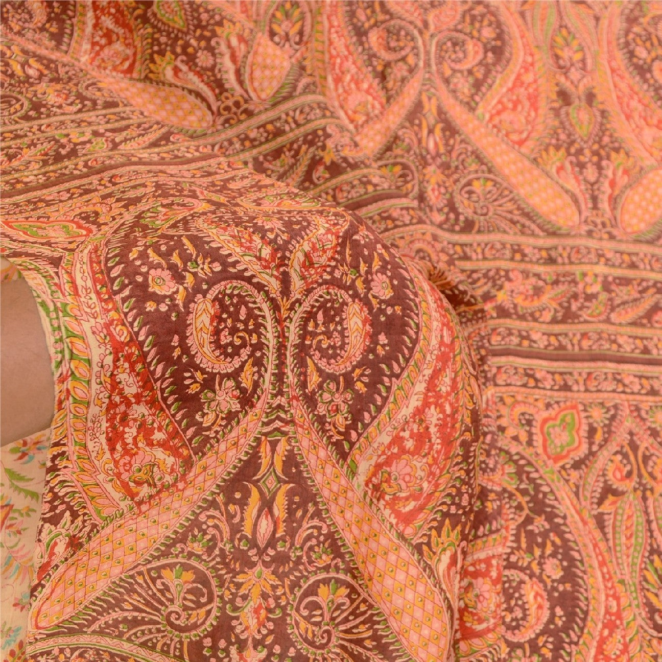 Sanskriti Vintage Sarees Cream 100% Pure Silk Printed Sari Soft 5yd Craft Sustainable Fabric