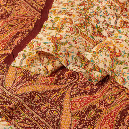 Sanskriti Vintage Sarees Cream 100% Pure Silk Printed Sari Soft 5yd Craft Sustainable Fabric