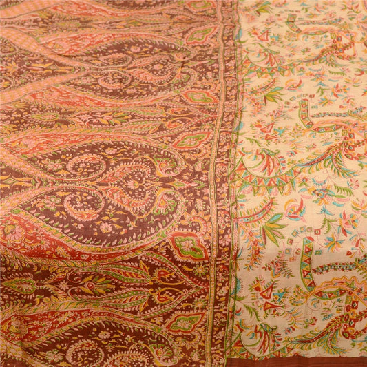 Sanskriti Vintage Sarees Cream 100% Pure Silk Printed Sari Soft 5yd Craft Sustainable Fabric