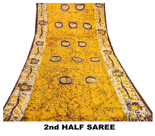 Sanskriti Vintage Sarees Batik Printed Yellow Pure Silk Sari Soft Craft Sustainable Fabric