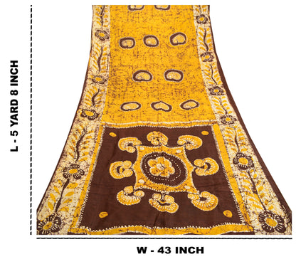 Sanskriti Vintage Sarees Batik Printed Yellow Pure Silk Sari Soft Craft Sustainable Fabric