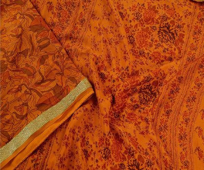 Sanskriti Vintage Sarees Saffron Pure Silk Printed Zari Border Sari Craft Sustainable Fabric