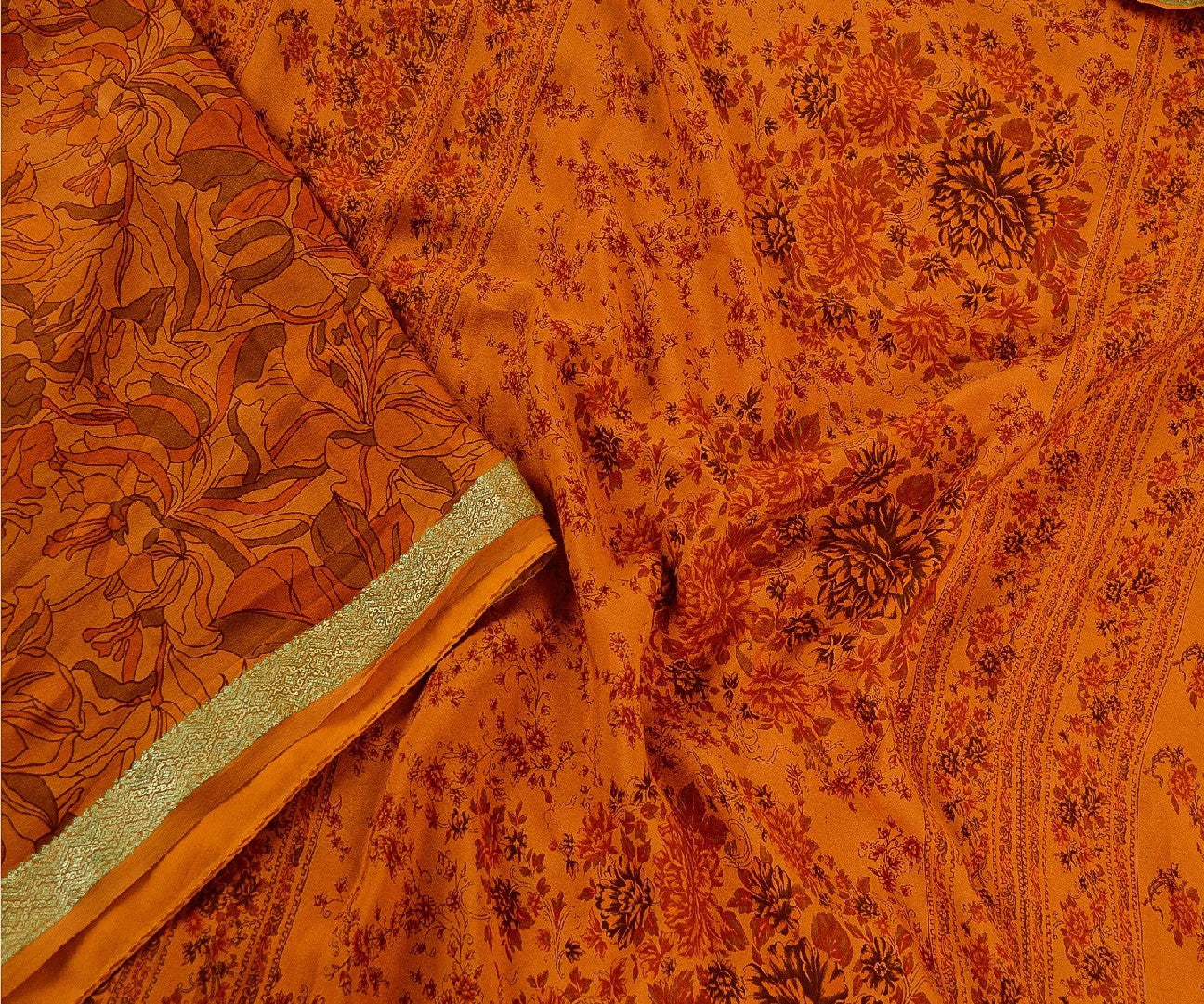 Sanskriti Vintage Sarees Saffron Pure Silk Printed Zari Border Sari Craft Sustainable Fabric