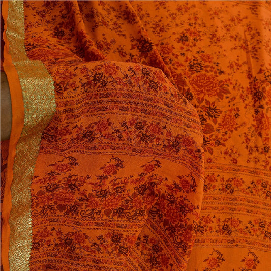 Sanskriti Vintage Sarees Saffron Pure Silk Printed Zari Border Sari Craft Sustainable Fabric