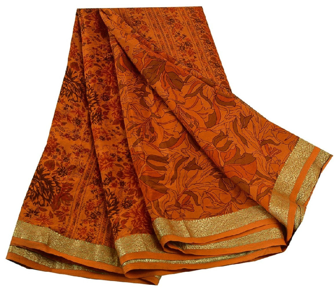 Sanskriti Vintage Sarees Saffron Pure Silk Printed Zari Border Sari Craft Sustainable Fabric