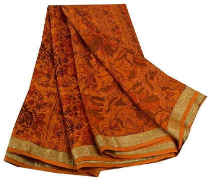 Sanskriti Vintage Sarees Saffron Pure Silk Printed Zari Border Sari Craft Sustainable Fabric