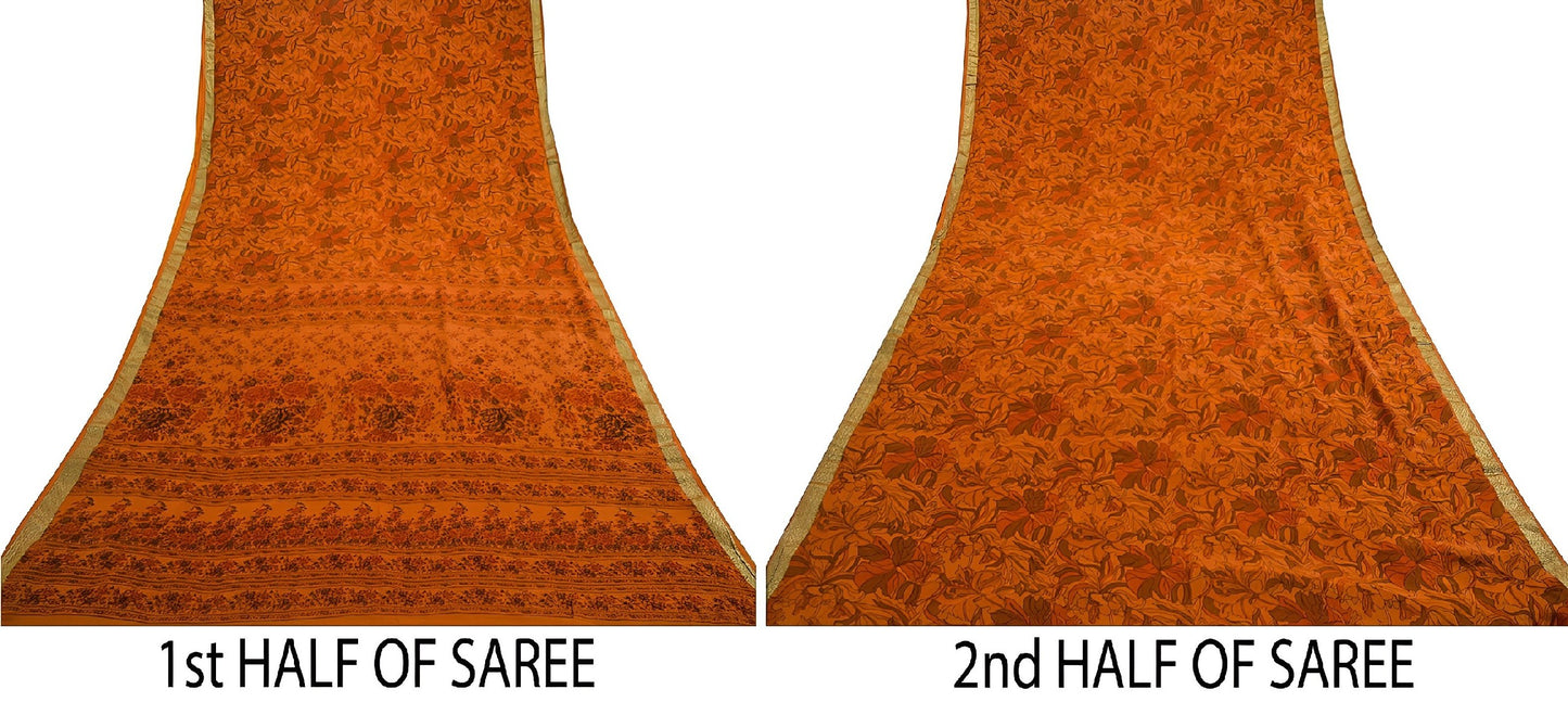 Sanskriti Vintage Sarees Saffron Pure Silk Printed Zari Border Sari Craft Sustainable Fabric