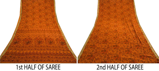 Sanskriti Vintage Sarees Saffron Pure Silk Printed Zari Border Sari Craft Sustainable Fabric