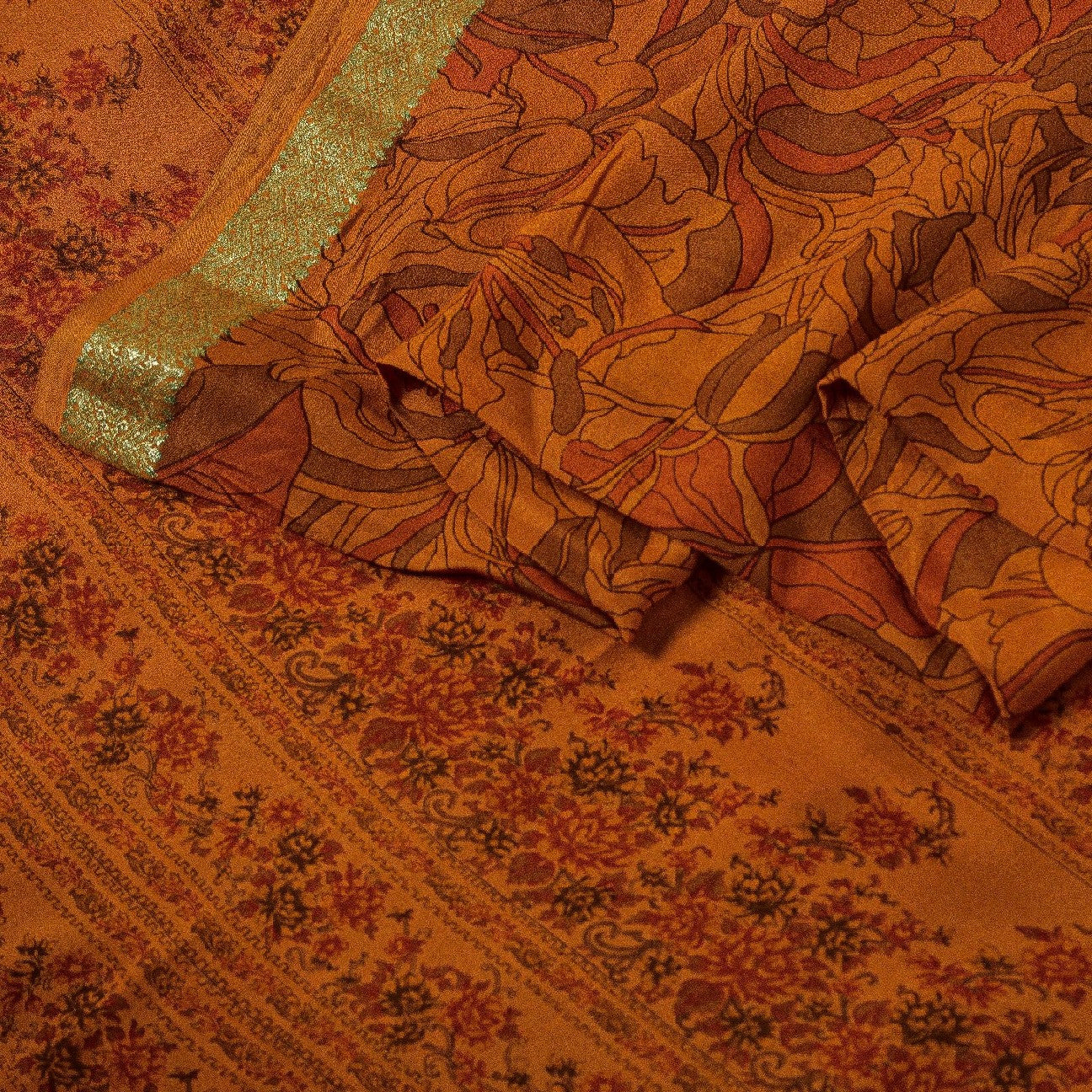 Sanskriti Vintage Sarees Saffron Pure Silk Printed Zari Border Sari Craft Sustainable Fabric