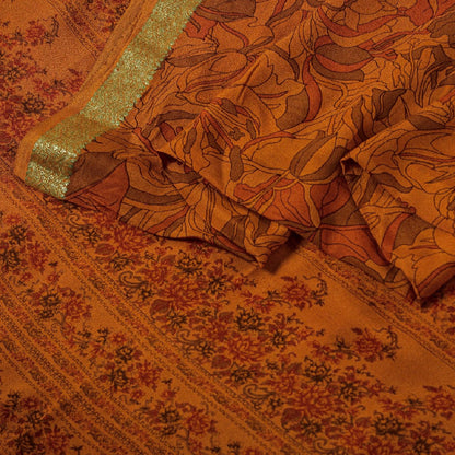 Sanskriti Vintage Sarees Saffron Pure Silk Printed Zari Border Sari Craft Sustainable Fabric