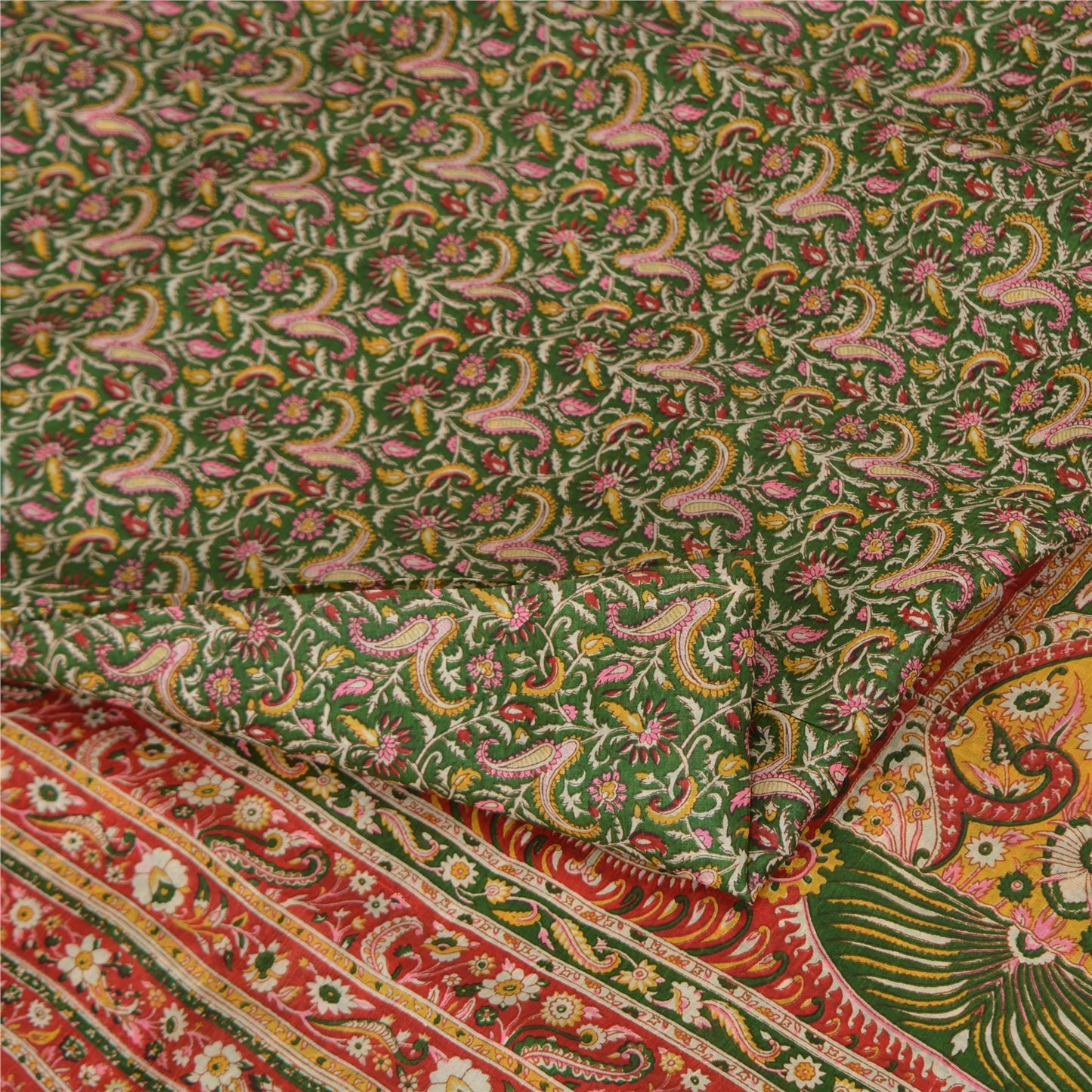 Sanskriti Vintage Sarees Green/Red Pure Silk Printed Sari Floral Craft Fabric