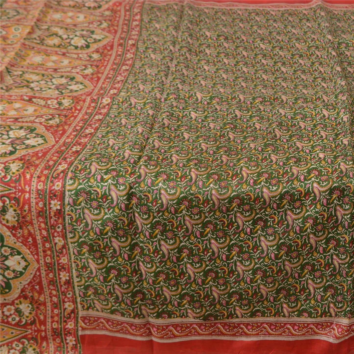Sanskriti Vintage Sarees Green/Red Pure Silk Printed Sari Floral Craft Fabric