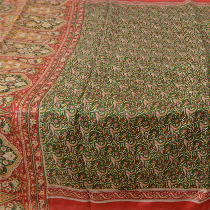 Sanskriti Vintage Sarees Green/Red Pure Silk Printed Sari Floral Craft Fabric