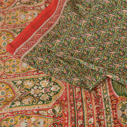 Sanskriti Vintage Sarees Green/Red Pure Silk Printed Sari Floral Craft Fabric