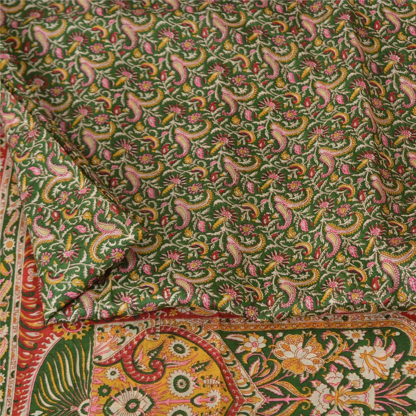 Sanskriti Vintage Sarees Green/Red Pure Silk Printed Sari Floral Craft Fabric