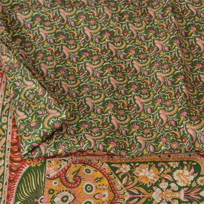 Sanskriti Vintage Sarees Green/Red Pure Silk Printed Sari Floral Craft Fabric