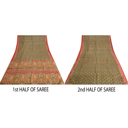 Sanskriti Vintage Sarees Green/Red Pure Silk Printed Sari Floral Craft Fabric